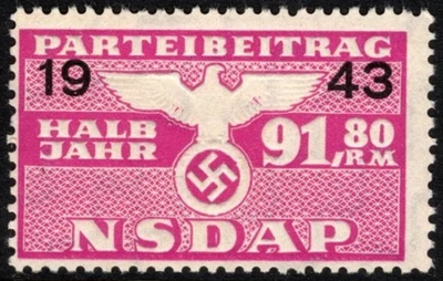 1943 Nazi Germany Dues Stamp NSDAP Half Year Membership Party Contribution 91.80 - Image 1 of 4