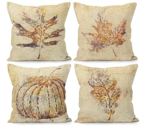 Fall Pillow Covers - 20x20, Rustic Pumpkin Maple Leaves Harvest Linen Throw P... - Picture 1 of 7