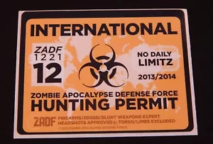 Internationale Zombie ZADF JAGDGENEHMIGUNG Aufkleber 2013 World War Z Film Promo - Bild 1 von 2