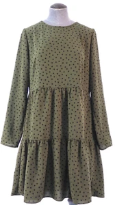 ASOS Tiered Smock Dress Polka Dot Khaki Olive Green A Line Short Size UK 12 Teen - Picture 1 of 19