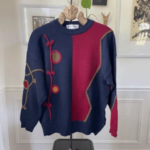 Vintage 90s Andrew Fezza 3D Knit Sweater MET MMA Exhibit Designer Red Blue L - Picture 1 of 8