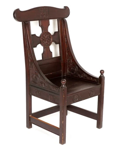 NEW PRICE**20th C. Carved Viking Revival Arm Chair, Mahogany, Celtic Cross Back Cover