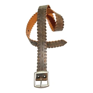 GAP Womens Scalloped Leather Belt M Brown Silvertone Buckle Italy 1.5" Wide Boho - Picture 1 of 13