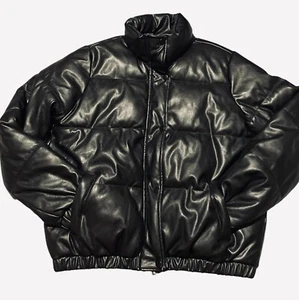 Women's Black Puffer Jacket Vegan Leather Quilted Bomber Ci Sono Shiny Black M - Picture 1 of 15