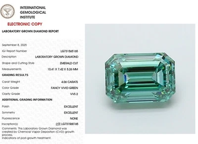 4.06 Emerald Lab Grown Diamond Engagement Ring Fancy Vivid Greenish Green VVS2 - Image 1 of 4