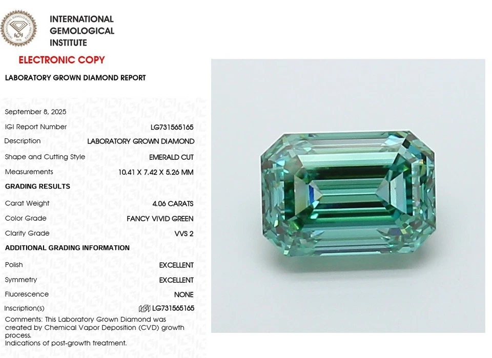 4.06 Emerald Lab Grown Diamond Engagement Ring Fancy Vivid Greenish Green VVS2 - Image 1 of 4