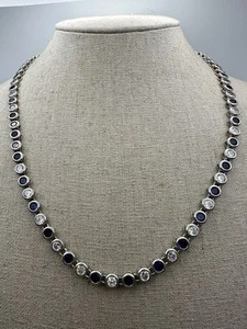 925 Sterling Silver Blue Clear Stone Tennis Necklace 20” Long - Picture 1 of 9