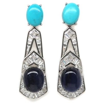 925 Silber 8 x 10 Mm. Blauer Saphir, Türkis & Cubic Zirkonia Ohrringe - Bild 1 von 4
