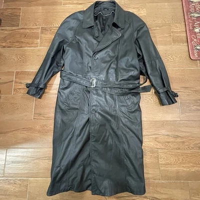 男式长款黑色皮革风衣腰带衬里经典高品质尺寸 L — 第 1/4 张图片