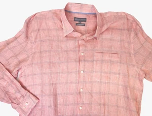 Hickey Freeman 100% Linen Shirt Mens XL Button Up Pink Plaid Checks Long Sleeve - Picture 1 of 6