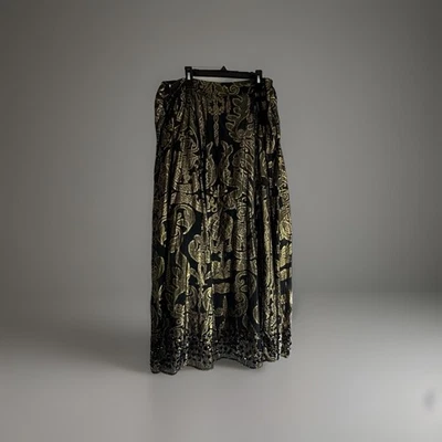 Soft Surroundings Black Gold Pleated Maxi Skirt 1X Silk Cotton Metallic Beaded - Image 1 of 4