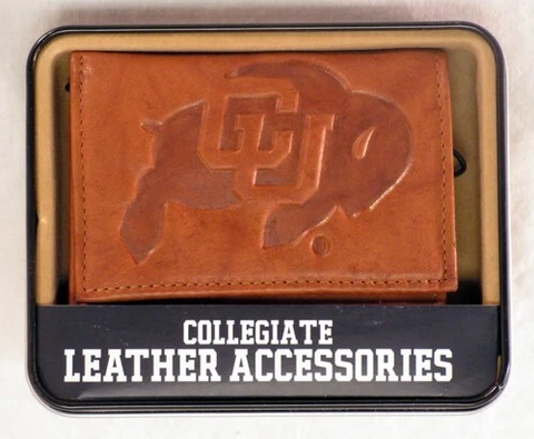 Colorado Buffaloes Embossed Brown Leather Trifold Wallet NEW in Gift Tin Cover