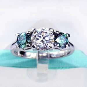 1.25Carat White Moissanite 3Stone Engagement Ring Side Greenish Blue Moissanite - Picture 1 of 7