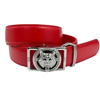 RED FAUX LEATHER RACHET BELT SILVER TONE WOLF W RHINESTONE EYES BUCKLE S M EUC - Image 1 of 4