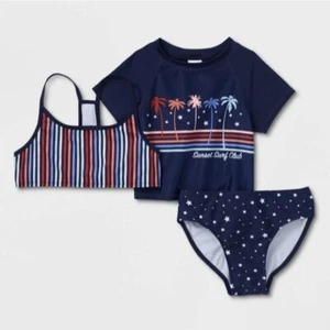 Art class Girls' 3pc Sunset Print Rash Guard Set - Size S ( 6/6X) Blue - Picture 1 of 10