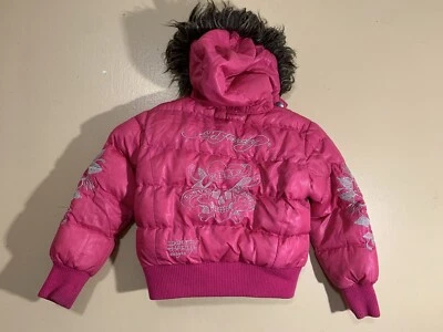 Chaqueta Y2K Don Ed Hardy Niños Talla 3/4 Bordada Rosa Capucha Piel Extraíble LEER Foto 1 de 4