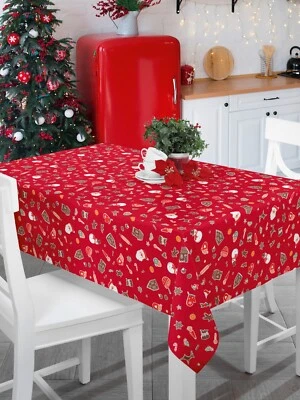 Christmas Santa Red All Over White PVC Vinyl Wipe Clean Tablecloth Waterproof - Image 1 of 4
