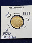 🌟 1864 Spain Philippines Gold 2 Peso G2P Isabel Coin XF RUSSCO Coin