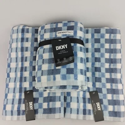 4 Set DKNY Blue White Check Towels (2) Bath Towels & (2) Hand Towels NWT - Image 1 of 4
