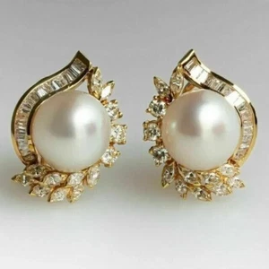 2Ct Round Cut Simulated Pearl Diamond Women Stud Earrings 14K Yellow Gold Plated - Picture 1 of 8