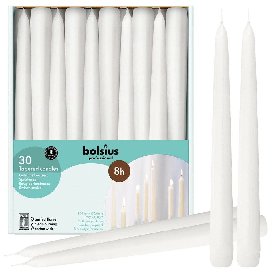 Bolsius Professional 10" Tapered Candles - White, Pack of 30 Pieces