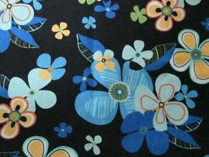 Vtg Flower Power Cotton Fabric 46 x 46 Hippie Mod Floral Black Blues 70s-80s #cc - Picture 1 of 4