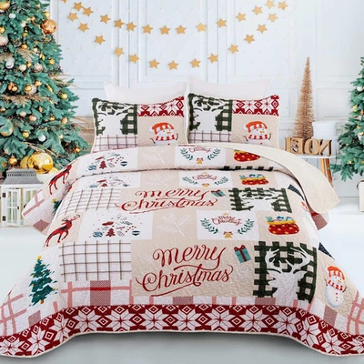 Dobuyly Christmas Quilt Set Queen, Christmas Tree Snowman Reindeer Pattern Beddi - Image 1 of 4