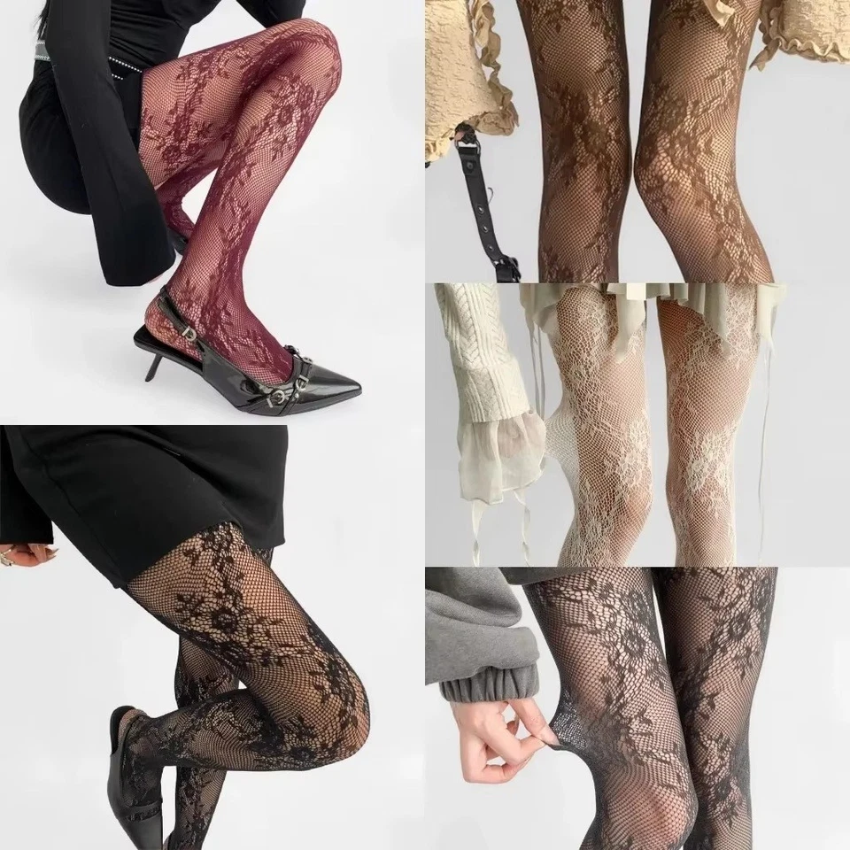 WOMENS GOTHIC FLORAL VINE FLOWER PATTERN MESH FISHNET PANTYHOSE STOCKINGS TIGHTS - Image 1 of 1