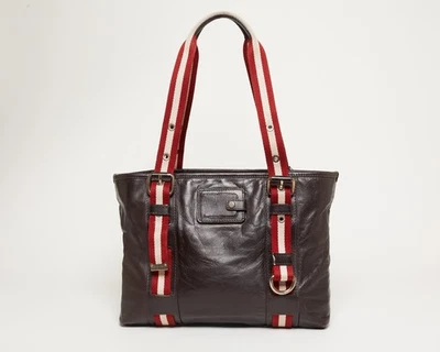 Bally Tote Bag Business Bag Trainspotting Red Stripe Brown Leather Used Unisex - Image 1 of 4