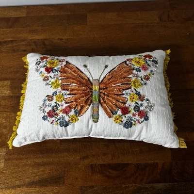 Butterfly Throw Pillow Beaded White Multicolor Rectangle Accent - Image 1 of 4
