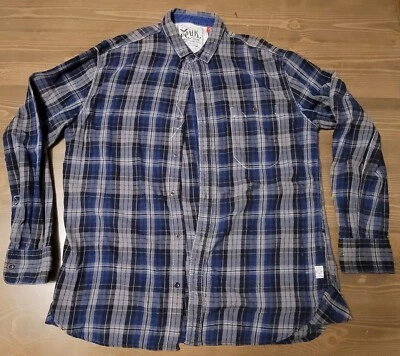 Camisa de franela a cuadros con botones FCUKDenim ropa única gris azul para hombre talla Lg Foto 1 de 4