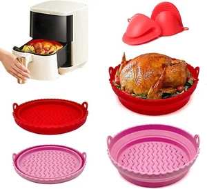 2PC Round Silicone Air Fryer Liners Reusable with Heatproof Gloves, Pink + Red - Picture 1 of 9