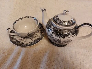 Madison Bay Company Black Transferware Teapot With Cup & Saucer - Picture 1 of 16