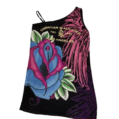 M De Colección Christan Audigier Mujer Negro Púrpura Tejido Tanque Fuera del Hombro Correa Tanque Foto 1 de 4