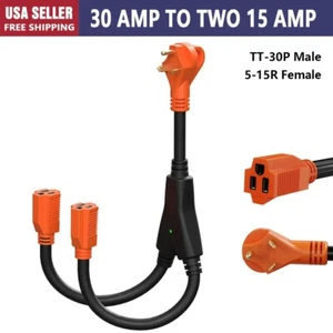 RV Y Adapter Cord 30A to Two 15A RV Adapter TT-30P Male Plug to 5-15R Female - Picture 1 of 7