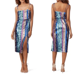 Aidan Mattox Sequin Sleeveless Striped Midi Cocktail Dress size 2 xs side slit - Picture 1 of 6