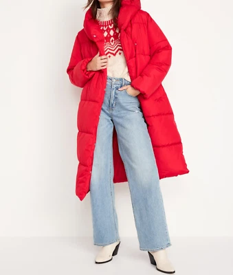 OLD NAVY NEW with TAG Women's RED Water-Resistant Long Hooded Puffer Coat - L - Image 1 of 3