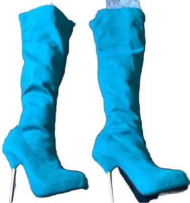😎🩵Zapato Deslumbrante Turquesa Gamuza Hasta la Rodilla Stiletto Botas D2 Foto 1 de 4