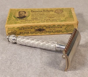 Rasoio di sicurezza vintage Gillette 3 pezzi ottone pettine aperto doppio tono argento con scatola - Foto 1 di 11
