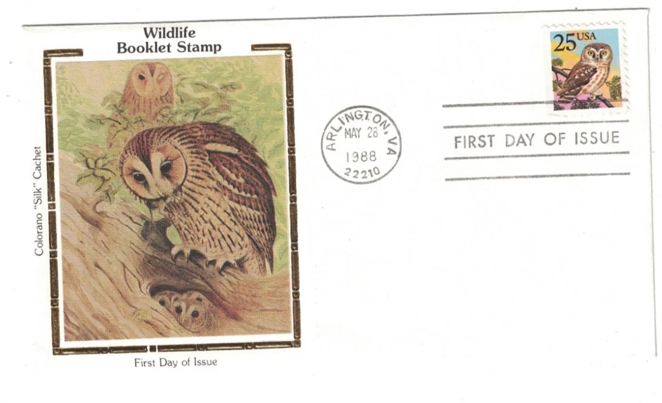 1988 FDC WILDLIFE BOOKLET STAMP COLORANO SILK CACHET OWLS - Image 1 of 1