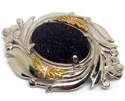 Vintage Silver Tone with Copper Accent Brooch/Pin w/ Blue Sparkling Resin Stone - Image 1 of 4