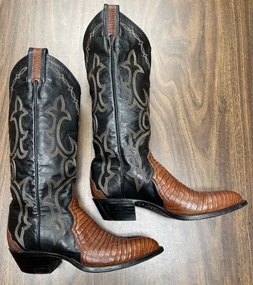 Larry Mahan Teju Lizard Cowboy Boots Women’s 6B Black Brown Western USA El Paso - Image 1 of 4