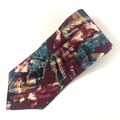 Галстук Henry Grethel 100% итальянский шелк абстрактный геометрический бордовый бирюзовый винтажный 90-е - Изображение 1 из 4