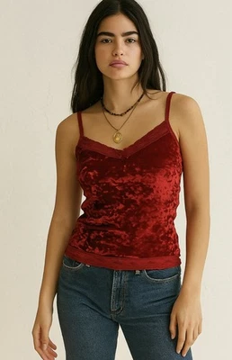 Y2K Crushed Velvet Tank Red Cami Lace 90s Whimsygoth Vamp Witchy Grunge Large - Image 1 of 4