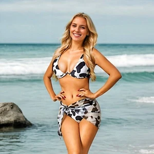 3 Piece Cow Print Triangle Bikini with Buckle Detail,Wrap Around Skirt Polyester - Picture 1 of 8