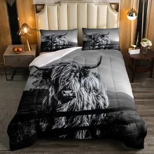Highland Cow Bedding Set Queen Size Grey Bull Cattle Comforter Set Funny Farm... - Picture 1 of 5