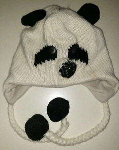 girls PANDA WINTER HAT made of WOOL fleece lined ONE SIZE FITS MOST black ivory  - Picture 1 of 1