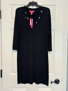 Catherine Malandrino Dress Size M Black Knit V Neck Grommets 3/4 Sleeve - 270 - Picture 1 of 9