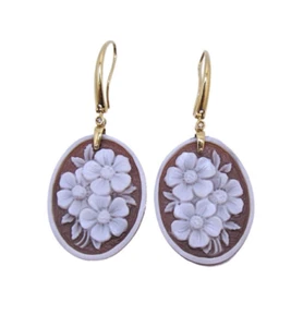 18K Yellow Gold Floral Cameo Brown Agate & Diamond Earrings - Picture 1 of 7