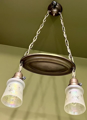 Vintage Antique 1910’s Pan Chandelier With Iridescent Glass Shades - Restored! Cover